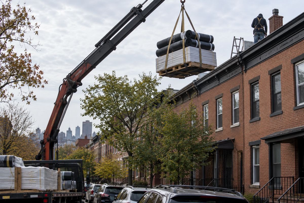 Roofing materials hoisted by crane to a Brooklyn row house roof