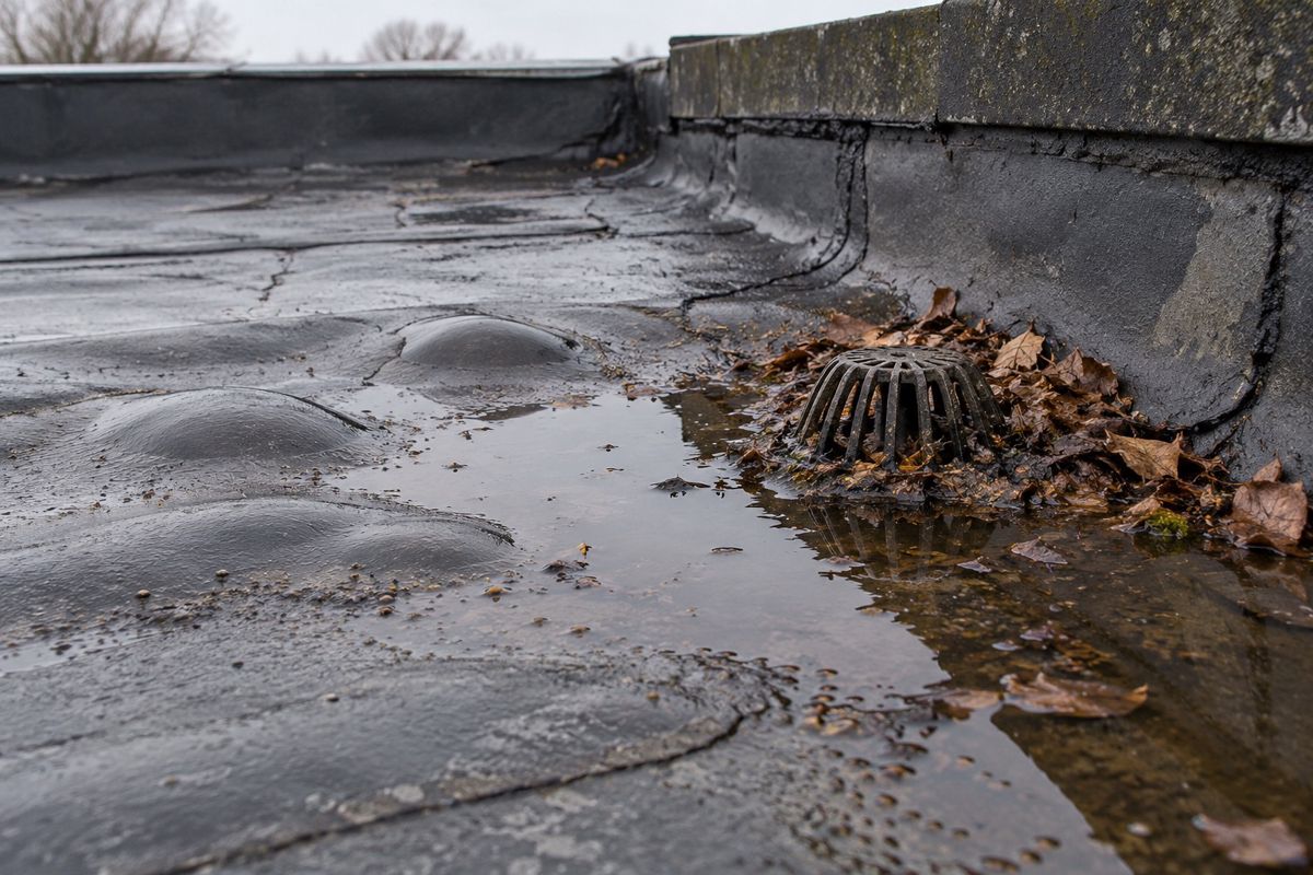 Worn flat roof membrane with blisters and standing water at a drain