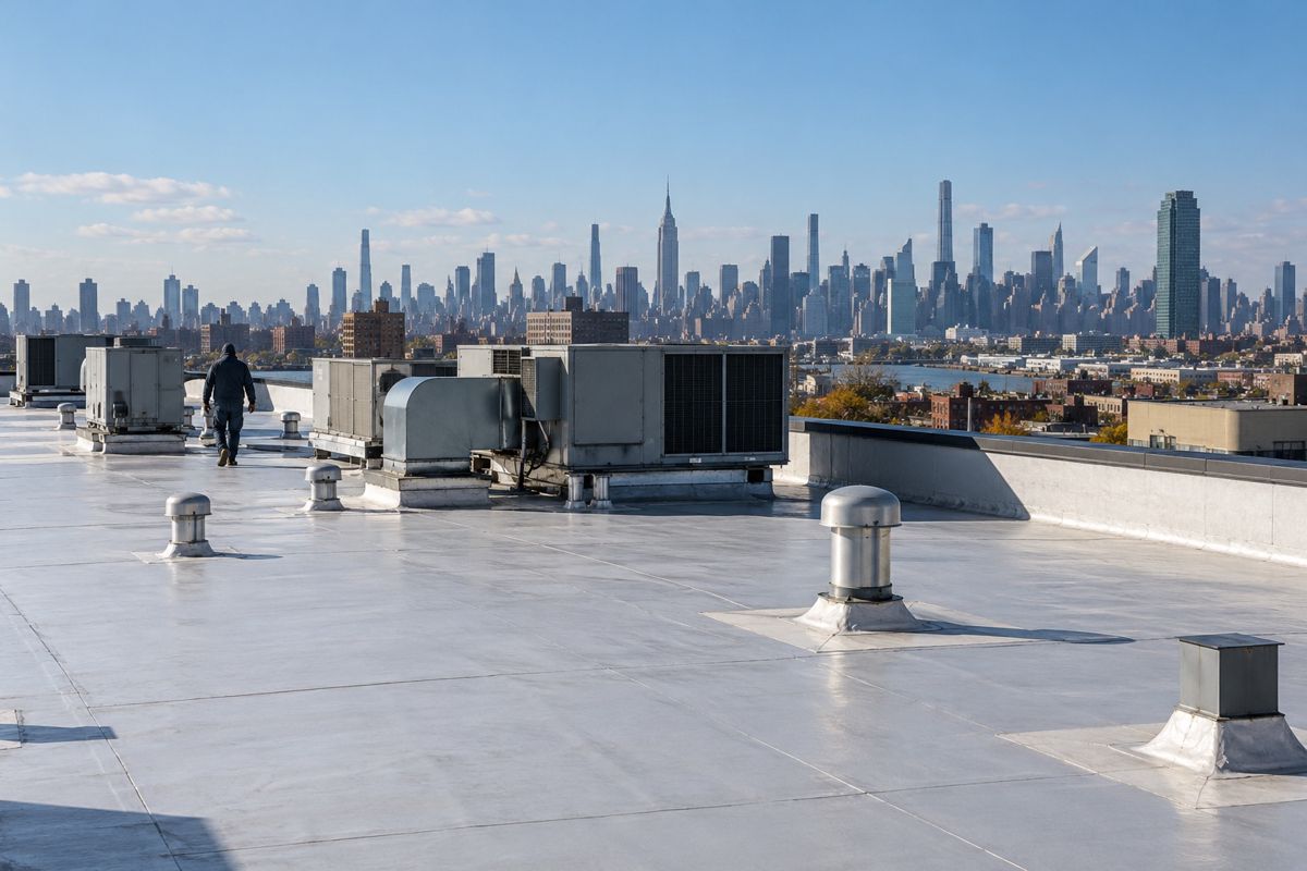 Wide flat commercial roof with rooftop units and Manhattan skyline beyond