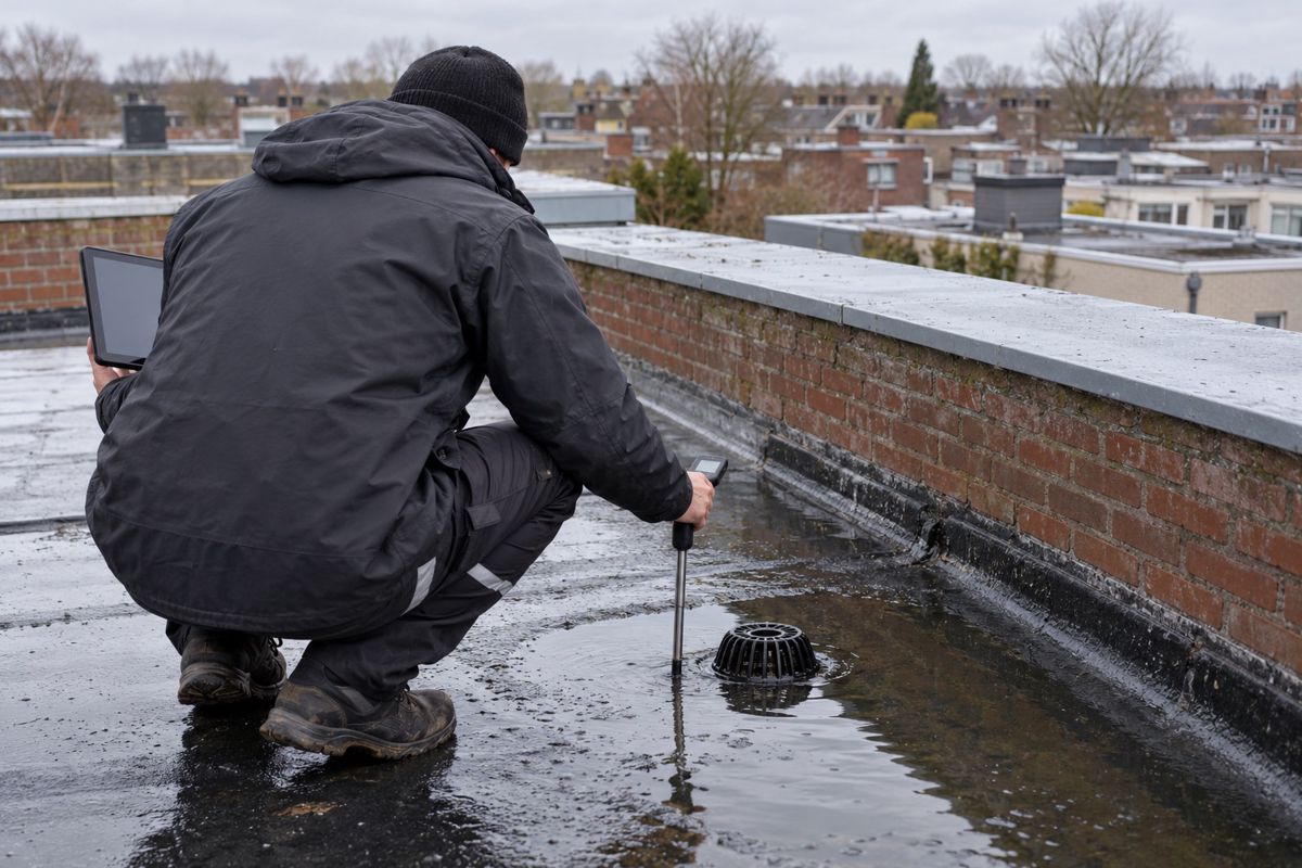 Inspector seen from behind checking a flat roof drain with ponding water