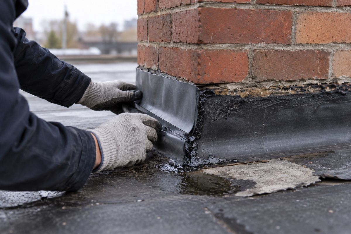 Gloved hands sealing flashing at the corner of a roof parapet