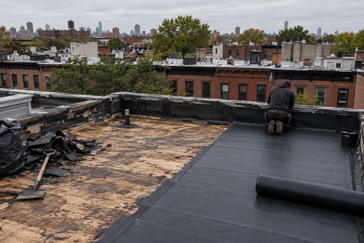 Flat brownstone roof half stripped and half covered with new membrane