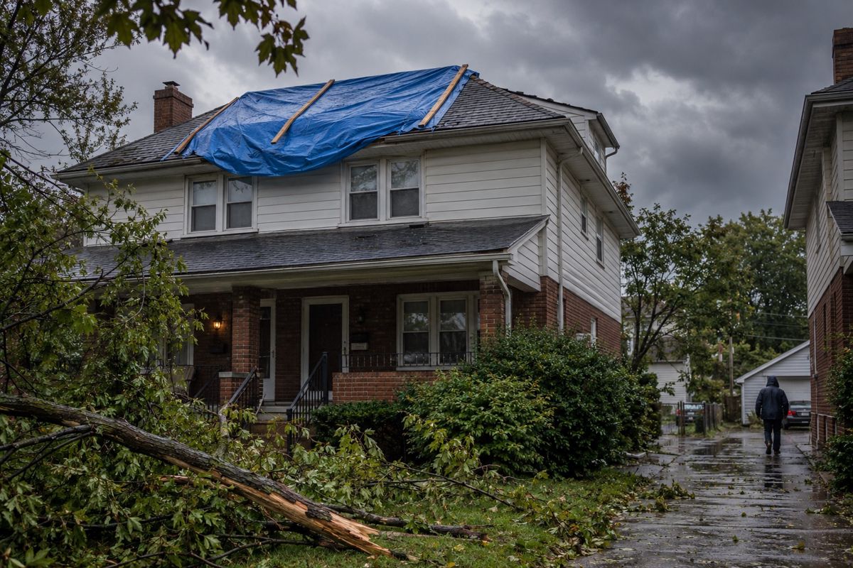Tarp secured over storm-damaged shingle roof on a Queens house